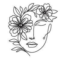 minimalista viso con fiori linea arte vettore