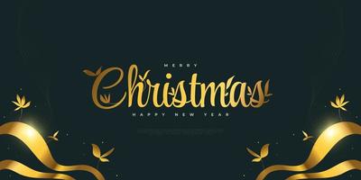 buon natale e felice anno nuovo banner o poster in blu e oro con illustrazione floreale vettore