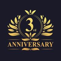 Design del 3 ° anniversario, logo dell'anniversario di 3 anni di colore dorato lussuoso vettore