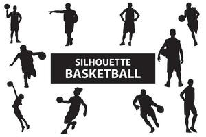 vettore collezione di sagome di pallacanestro Giocatori, persone giocando pallacanestro, sportivi, umani. trasporto il palla e stile isolato su il sfondo