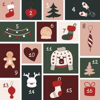 Avvento calendario per 16 giorni con Natale elementi. 16 i regali con numeri per il Avvento calendario vettore