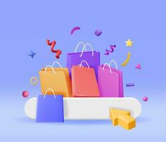 3d shopping Borsa impostato isolato. rendere collezione realistico regalo Borsa. saldi, sconto o autorizzazione concetto. in linea o Al dettaglio shopping simbolo. moda borsetta. vettore illustrazione