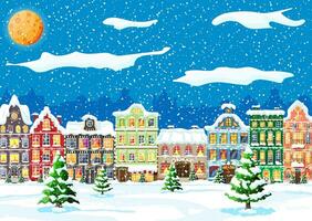 Natale carta con urbano paesaggio e nevicata. paesaggio urbano con colorato case con neve nel notte. inverno villaggio, accogliente cittadina città panorama. nuovo anno Natale natale striscione. piatto vettore illustrazione