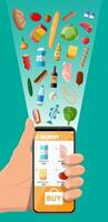 mano con smartphone con shopping app. drogheria memorizzare consegna. Internet ordine. in linea supermaket. shopping centro commerciale, cibo e bevande. latte, la verdura, carne, formaggio. piatto vettore illustrazione