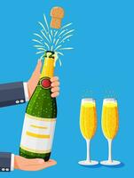 Champagne bottiglia apertura con pop e sughero volare. Champagne esplosione, bottiglia pop e frizzante. concetto di potabile festa, compleanno, nozze, Natale, nuovo anno celebrazione. piatto vettore illustrazione