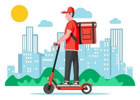 consegna uomo equitazione calcio scooter con il scatola. concetto di veloce consegna nel il città. maschio Corriere con pacco scatola su il suo indietro con merce e prodotti. paesaggio urbano sfondo. piatto vettore illustrazione