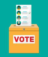 scrutinio scatola e documento con candidati. mano con elezione fattura. votazione carta con facce. vettore illustrazione nel piatto stile