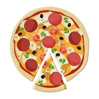 Pizza con peperoni. tradizionale veloce cibo. Impasto, formaggio, salame, oliva, pomodoro e verdure. vettore illustrazione nel piatto stile