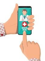 mobile Telefono con Internet farmacia shopping app. pillole e bottiglie, medicina in linea. medico assistenza, aiuto, supporto in linea. Salute cura applicazione su smartphone. vettore illustrazione nel piatto stile