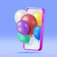 3d smartphone con mazzo di palloncini volante su di schermo. rendere Telefono con elio palloncini. compleanno o vacanza saluti. in linea mille dollari apertura cerimonia concetto. vettore illustrazione