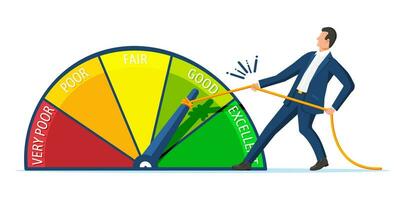 uomo d'affari mutevole personale credito informazione. uomo spingendo freccia per rendere credito storia meglio. uomo migliora il suo solvibilità, credito punto, approvazione solvibilità. piatto vettore illustrazione