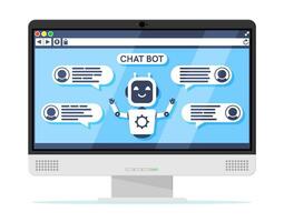 computer con Chiacchierare Bot parlare nel bolla su schermo. robot con discorso finestra. chatbot saluta. in linea supporto bot. artificiale intelligenza, ai aiutante servizio, supporto assistente. piatto vettore illustrazione