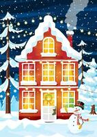 suburbano Casa coperto neve. edificio nel vacanza ornamento. Natale paesaggio albero abete rosso, pupazzo di neve. contento nuovo anno decorazione. allegro Natale vacanza. nuovo anno natale celebrazione. vettore illustrazione