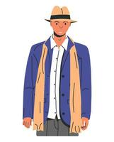 bello caucasico uomo nel casuale Abiti. elegante bianca uomo. contento tipo isolato. uomo d'affari indossare giacca, camicia, i pantaloni, sciarpa, cappello. elegante persone concetto. cartone animato piatto vettore illustrazione