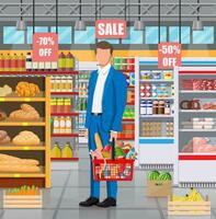 supermercato memorizzare interno con merce. grande shopping centro commerciale. interno memorizzare dentro. check-out contatore, denaro contante macchina, drogheria, bevande, cibo, frutta, latteria prodotti. vettore illustrazione nel piatto stile