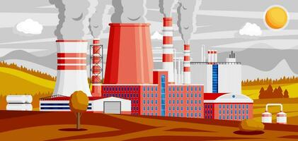 panoramico industriale paesaggio. fumo fabbrica tubi nel campi. pianta tubi cielo sole. carbonio biossido emissioni. ambiente contaminazione inquinamento di ambiente. piatto vettore illustrazione