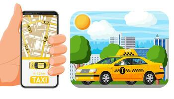 mano Tenere smartphone con Taxi applicazione su schermo. Taxi auto e paesaggio urbano. prenotazione Taxi in linea concetto. Taxi App o servizio. giallo auto e smartphone. piatto vettore illustrazione