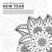 felice anno nuovo banner o modello di carta con fiore mehndi vettore