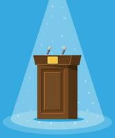 Marrone di legno rostro con microfoni per presentazione. In piedi, podio per conferenze, lezioni o dibattiti. vettore illustrazione nel piatto stile