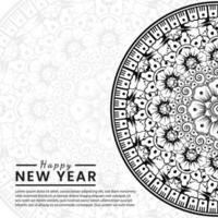 felice anno nuovo banner o modello di carta con fiore mehndi vettore