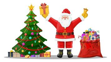 divertente Santa Claus personaggio saluto. Santa con regalo Borsa e abete albero. contento nuovo anno decorazione. allegro Natale vacanza. nuovo anno e natale celebrazione. vettore illustrazione nel piatto stile
