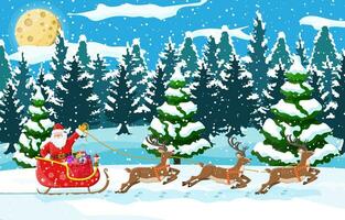 Natale sfondo. Santa Claus cavalcate renna slitta. inverno paesaggio con abete alberi foresta e nevicando. contento nuovo anno celebrazione. nuovo anno natale vacanza. vettore illustrazione piatto stile
