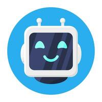 contento sorridente robot testa icona isolato. Chiacchierare Bot nel cerchio. chatbot robot saluta. artificiale intelligenza, ai aiutante. servizio e supporto assistente. cartone animato piatto vettore illustrazione