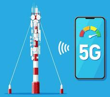 mobile smartphone e 5g comunicazione Torre. trasmissione cellulare Torre antenna. Rete trasmissione attrezzatura isolato. inteligente Telefono e satellitare telecomunicazione antenna. piatto vettore illustrazione