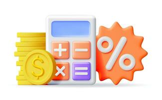 3d moderno calcolatrice con d'oro monete, per cento simbolo. matematica. finanziario matematica dispositivo con i soldi. conteggio bilancio e risparmi concetto. controllo profitto investimento e ricchezza. vettore illustrazione