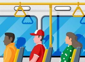 interno di autobus salone. pubblico città trasporto. vuoto sala dentro moderno autobus. sedili, finestre e corrimano. maniglie per sicurezza trasporti di passeggeri. cartone animato piatto vettore illustrazione