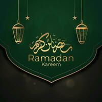 Ramadan kareem saluto carta con lanterne e Arabo calligrafia Ramadan vettore