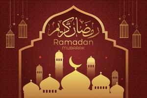 Ramadan eid al-Fitr mubarak saluto carta con lanterne e Arabo chiamata vettore