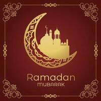 Ramadan mubarak saluto carta con d'oro mezzaluna e moschea vettore illustrazione
