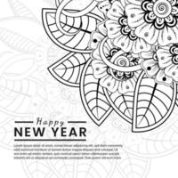 felice anno nuovo banner o modello di carta con fiore mehndi vettore