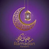 Ramadan kareem saluto carta con oro mezzaluna e lanterne vettore
