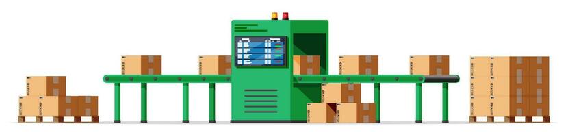 trasportatore cintura macchina concetto isolato su bianca. moderno fabbrica attrezzatura. magazzino processi servizio. pacchetto raggi X Bagaglio. sicurezza, logistica e consegna. cartone animato piatto vettore illustrazione