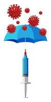 vaccinazione contro coronavirus. tempo per vaccinare, concetto. medico siringa iniezione vaccinazione. ombrello proteggere contro corona virus, cellula Modelli, Salute cura. piatto vettore illustrazione