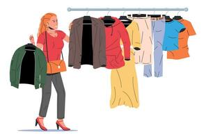 donna vicino cremagliera con Abiti. Da donna Abiti su appendiabiti. casa o negozio armadio. Abiti e Accessori. vario sospeso vestiario. giacca, camicia, jeans, pantaloni. cartone animato piatto vettore illustrazione