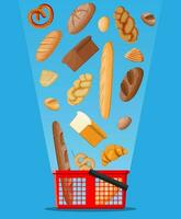 pane icone e shopping cestino. totale grano, Grano e segale pane, pane abbrustolito, pretzel, Ciabatta, brioche, ciambella, francese baguette, cannella panino. vettore illustrazione nel piatto stile