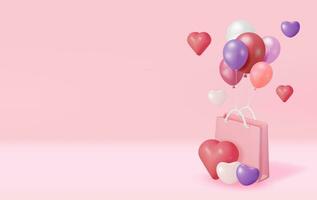 3d rosa shopping Borsa con Palloncino cuori. rendere regalo borsetta con maniglia e cuori. San Valentino giorno, compleanno carta, Prodotto Schermo presentazione annuncio. realistico vettore illustrazione