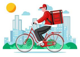 consegna uomo equitazione bicicletta con il scatola. concetto di veloce consegna nel il città. maschio Corriere con pacco scatola su il suo indietro con merce e prodotti. cartone animato piatto vettore illustrazione