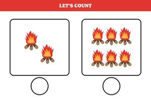 conteggio gioco con falò. educativo foglio di lavoro design per scuola materna, scuola materna studenti. apprendimento matematica. cervello occhiolino divertimento attività per bambini. vettore