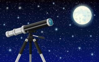 osservazione attraverso cannocchiale. natura paesaggio con telescopio, Luna e stelle. astronomia, ricerca, osservare e formazione scolastica. vettore illustrazione nel piatto stile