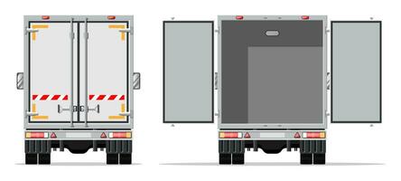 camion trailer posteriore Visualizza lato con chiuso e Aperto porte. consegna furgone isolato. esprimere consegna Servizi commerciale camion. veloce e gratuito consegna di macchina. carico logistico. piatto vettore illustrazione