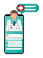 mobile Telefono con Internet farmacia shopping app. pillole e bottiglie, medicina in linea. medico assistenza, aiuto, supporto in linea. Salute cura applicazione su smartphone. vettore illustrazione nel piatto stile