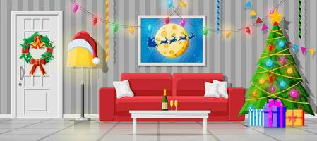 accogliente interno di vivente camera con divano, tavolo, immagine telaio e Natale albero. contento nuovo anno decorazione. allegro Natale vacanza. nuovo anno e natale celebrazione. cartone animato piatto vettore illustrazione