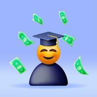 3d contento sorridente emoticon nel diplomato berretto nel dollari. rendere Sorridi alunno nel la laurea cappello. denaro contante i soldi per formazione scolastica, risparmi e investimento. accademico e scuola conoscenza. vettore illustrazione