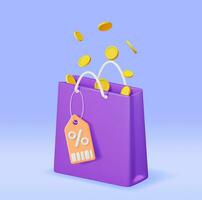 3d shopping Borsa e d'oro monete. rendere realistico regalo Borsa. ricevente fondi, saldi, sconto o autorizzazione concetto. in linea o Al dettaglio shopping simbolo. moda borsetta. vettore illustrazione