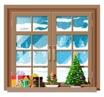 accogliente interno di camera con finestra. contento nuovo anno decorazione. allegro Natale vacanza. nuovo anno e natale celebrazione. inverno paesaggio, albero, neve, villaggio. cartone animato piatto vettore illustrazione.