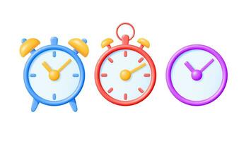 3d semplice classico il giro parete orologio impostato isolato. rendere allarme orologio icona collezione. misurazione di volta, Scadenza, cronometraggio e tempo gestione concetto. orologio simbolo. minimo vettore illustrazione